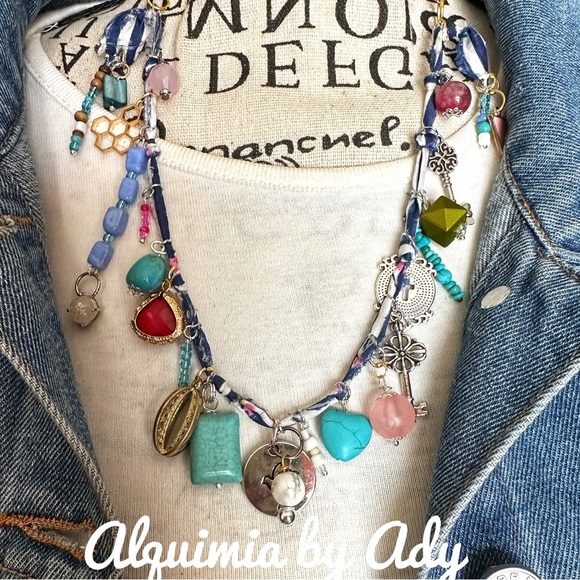 Alquimia Blue and Pink Charm Necklace Bohemian Style turquoise - Picture 1 of 9